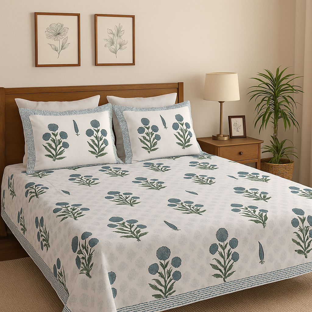 The Ethereal Royalty - Super King Size Percal Cotton Block printed bedsheet with two matching pillow covers