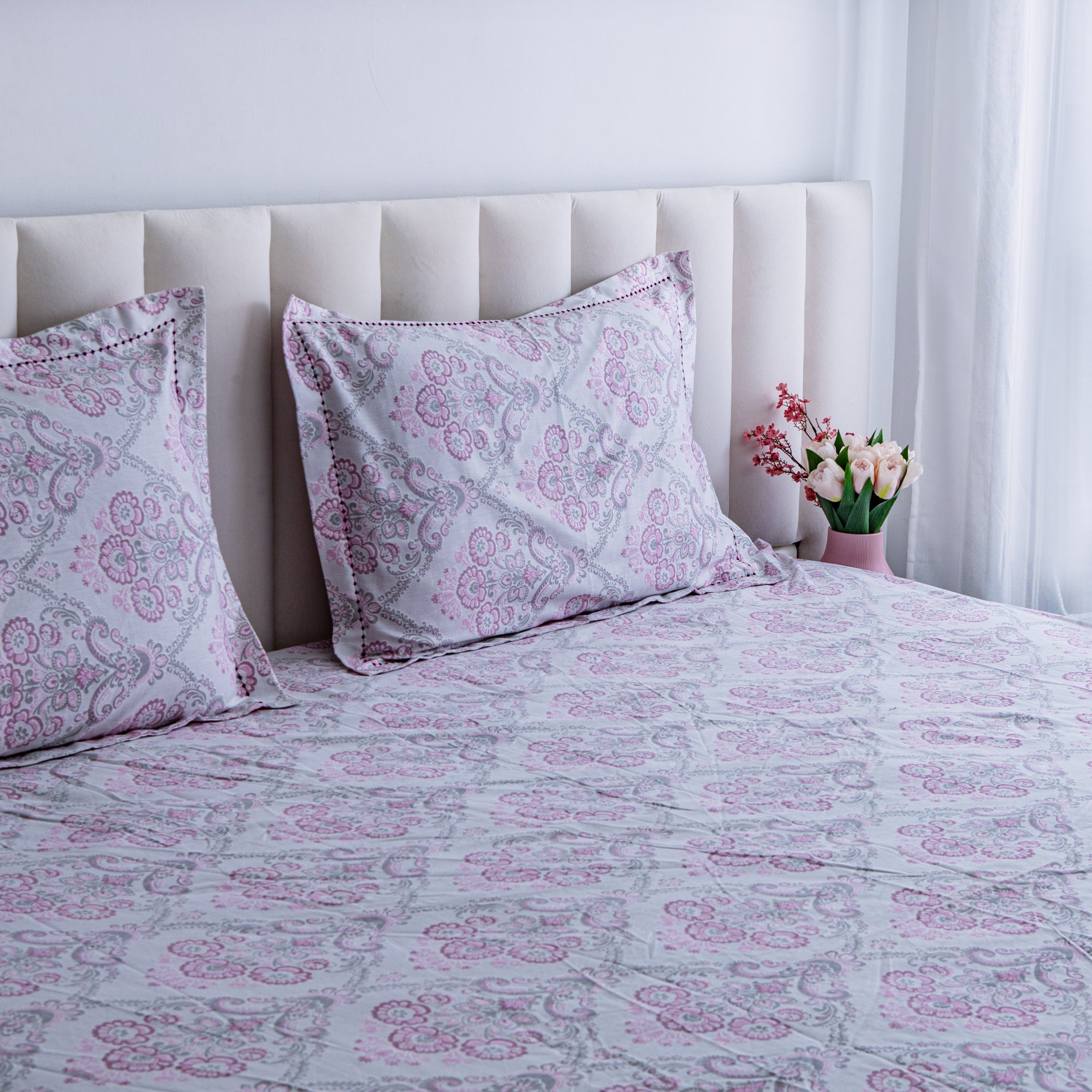 The Floral Bloom  - Super King Size Fitted Cotton Bedsheet with two matching pillow covers