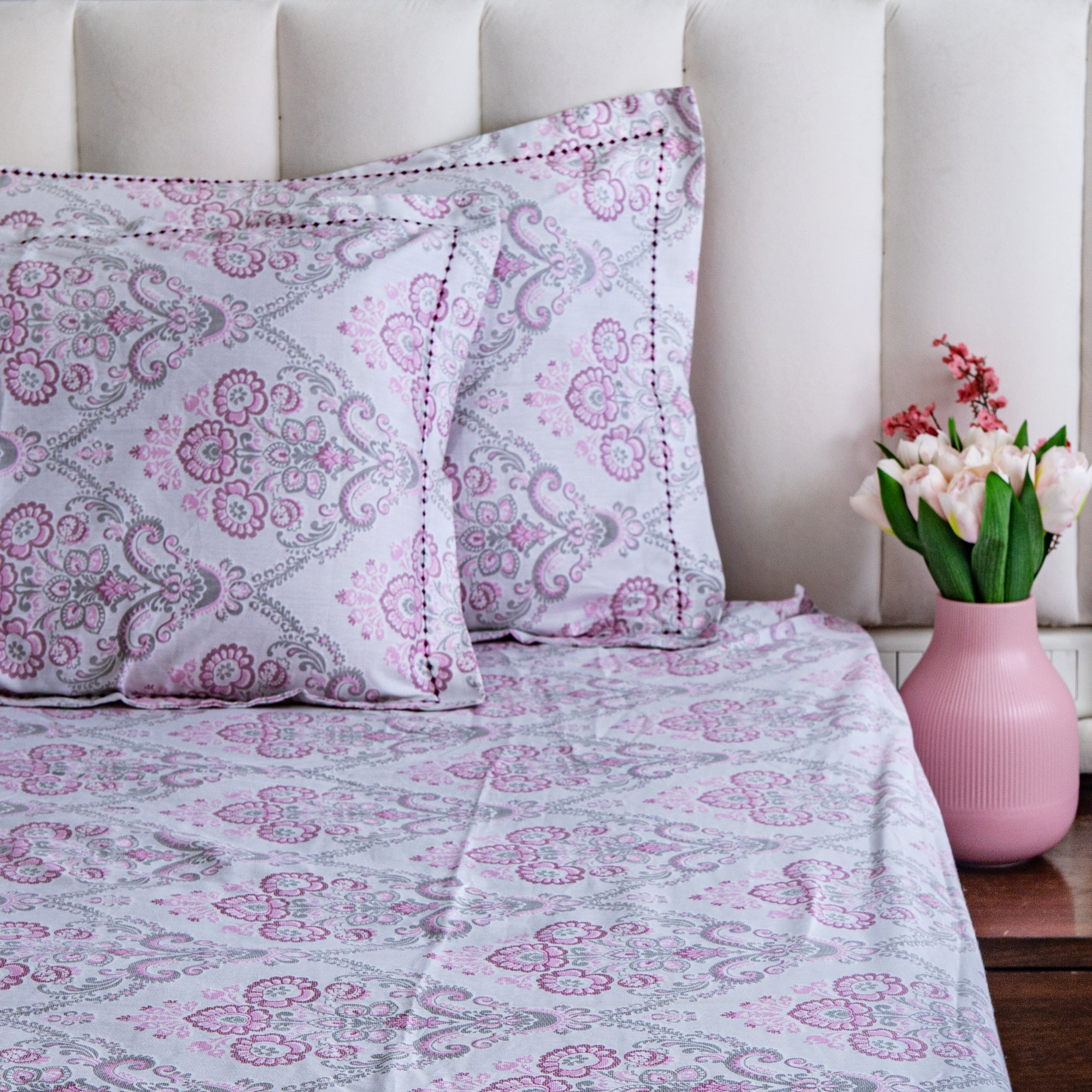 The Floral Bloom - Super King Size Fitted Cotton Bedsheet with two matching pillow covers