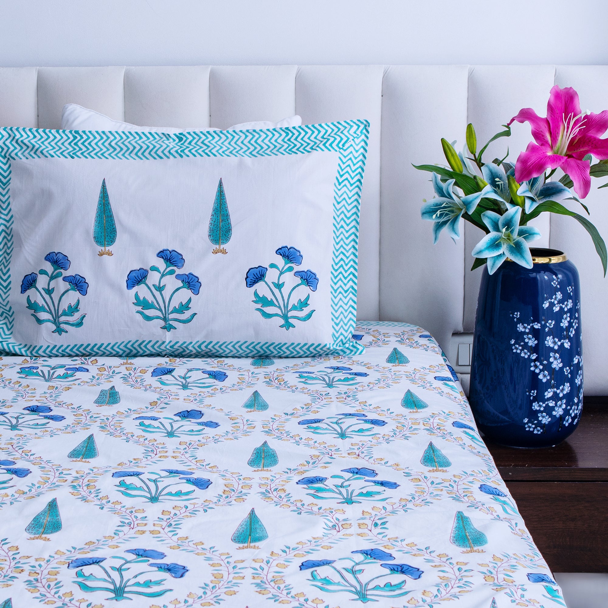 The Aqua Paradise- Percal Cotton Block printed bedsheet with two matching pillow covers