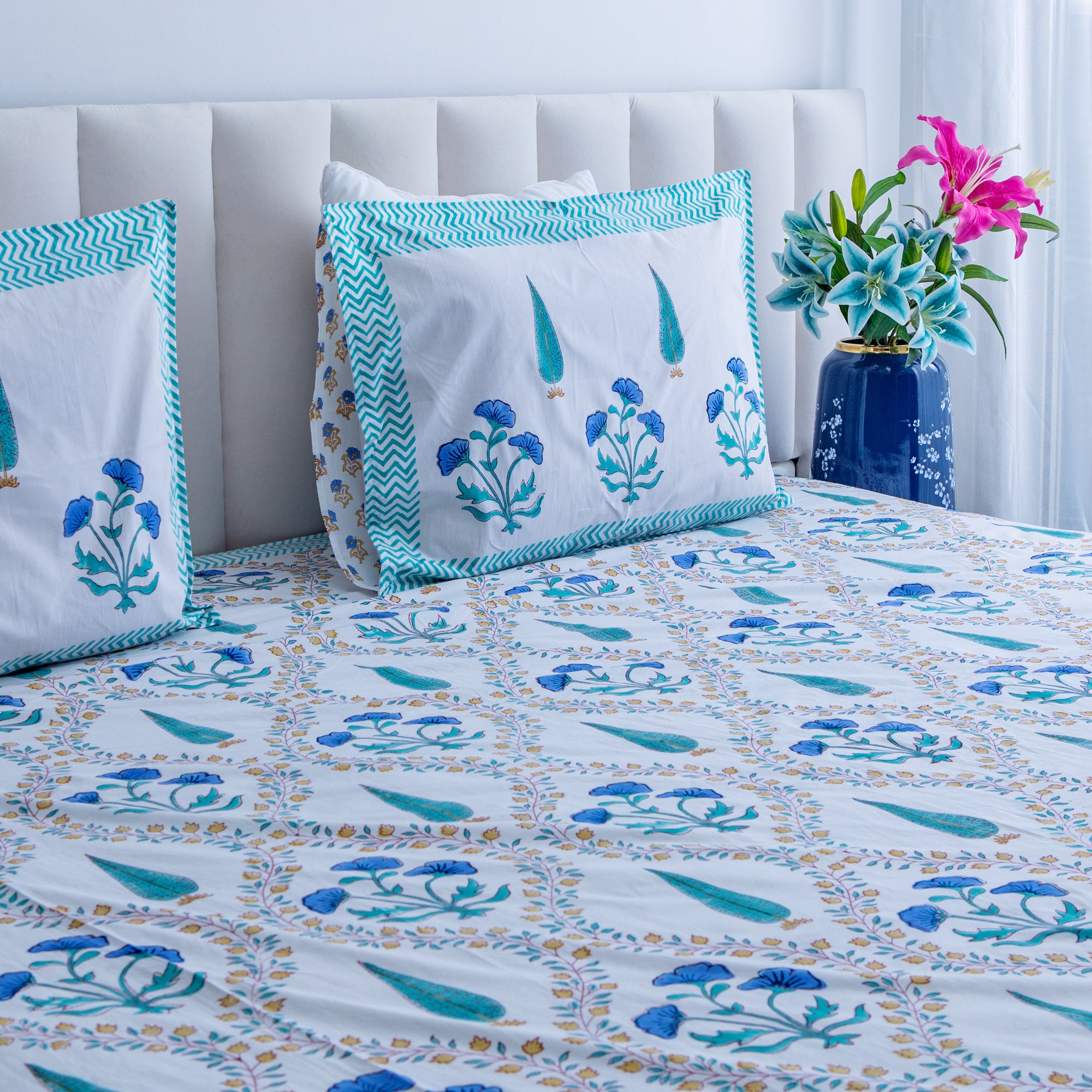 The Aqua Paradise- Percal Cotton Block printed bedsheet with two matching pillow covers