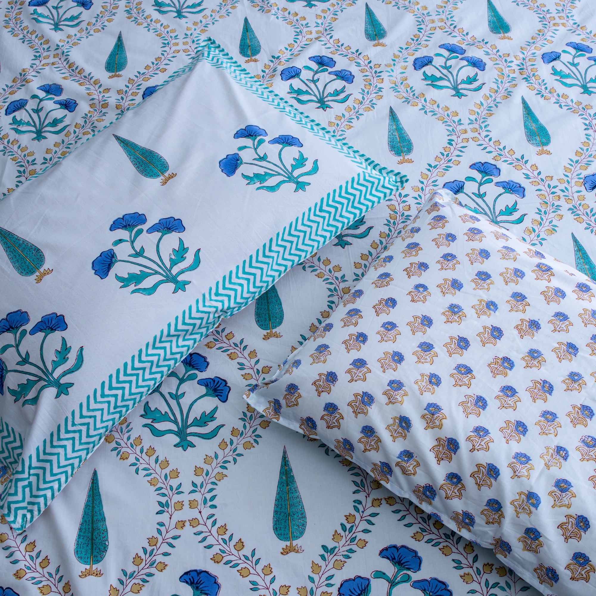 The Aqua Paradise- Percal Cotton Block printed bedsheet with two matching pillow covers