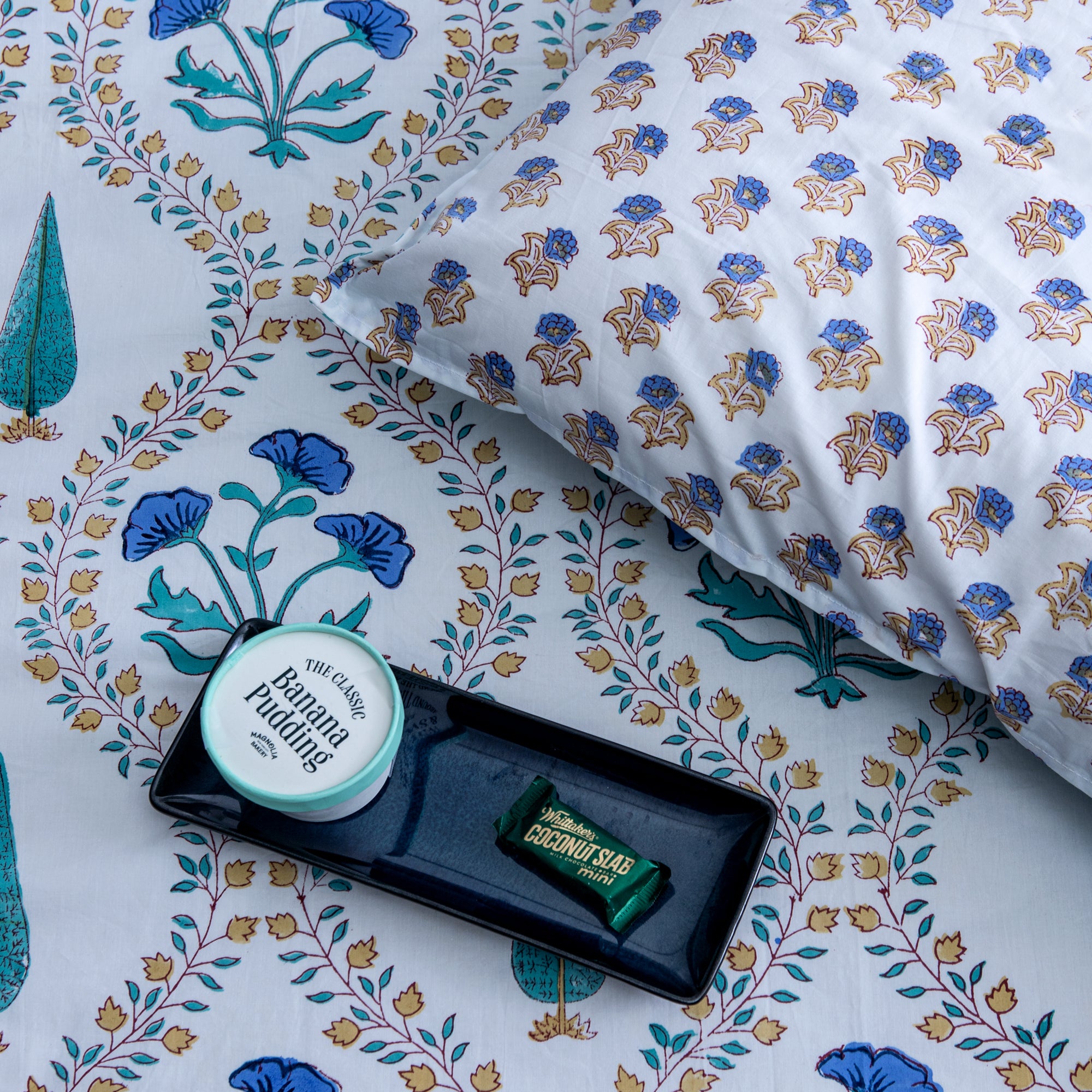 The Aqua Paradise- Percal Cotton Block printed bedsheet with two matching pillow covers
