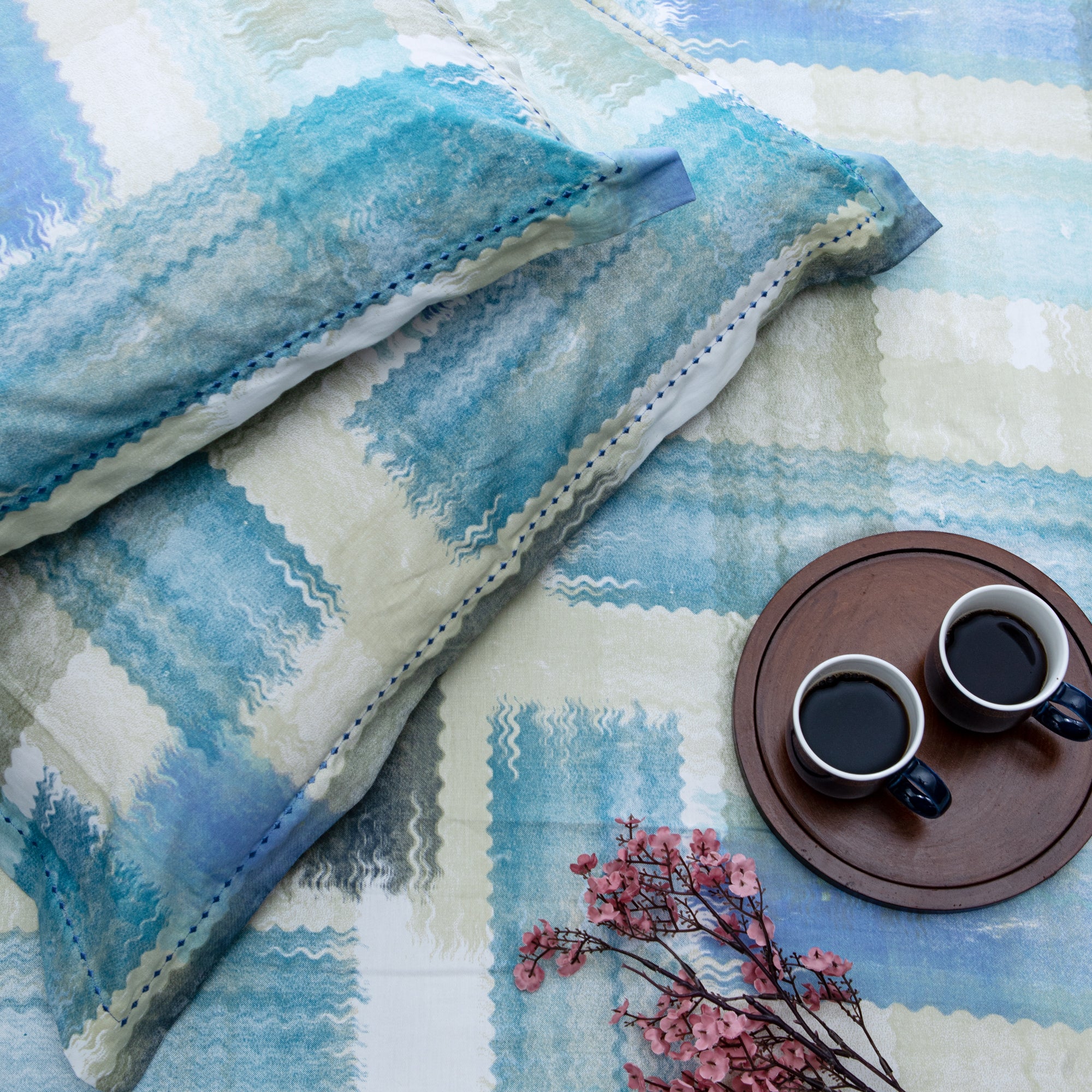 Serene Oasis - Super King Size Fitted Cotton Bedsheet with two matching pillow covers