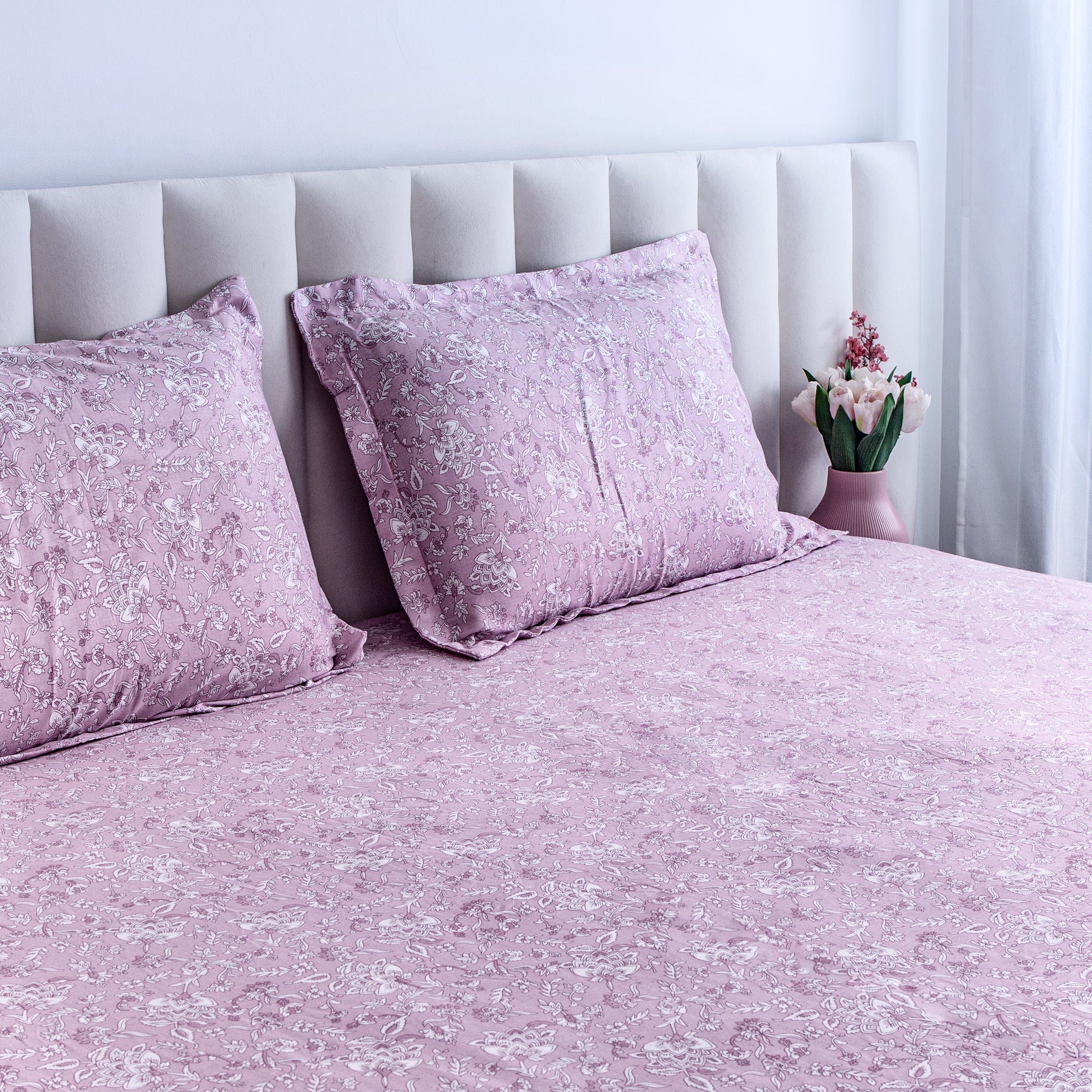 Pink Bloom-  Super King Size Fitted Cotton Bedsheet with two matching pillow covers