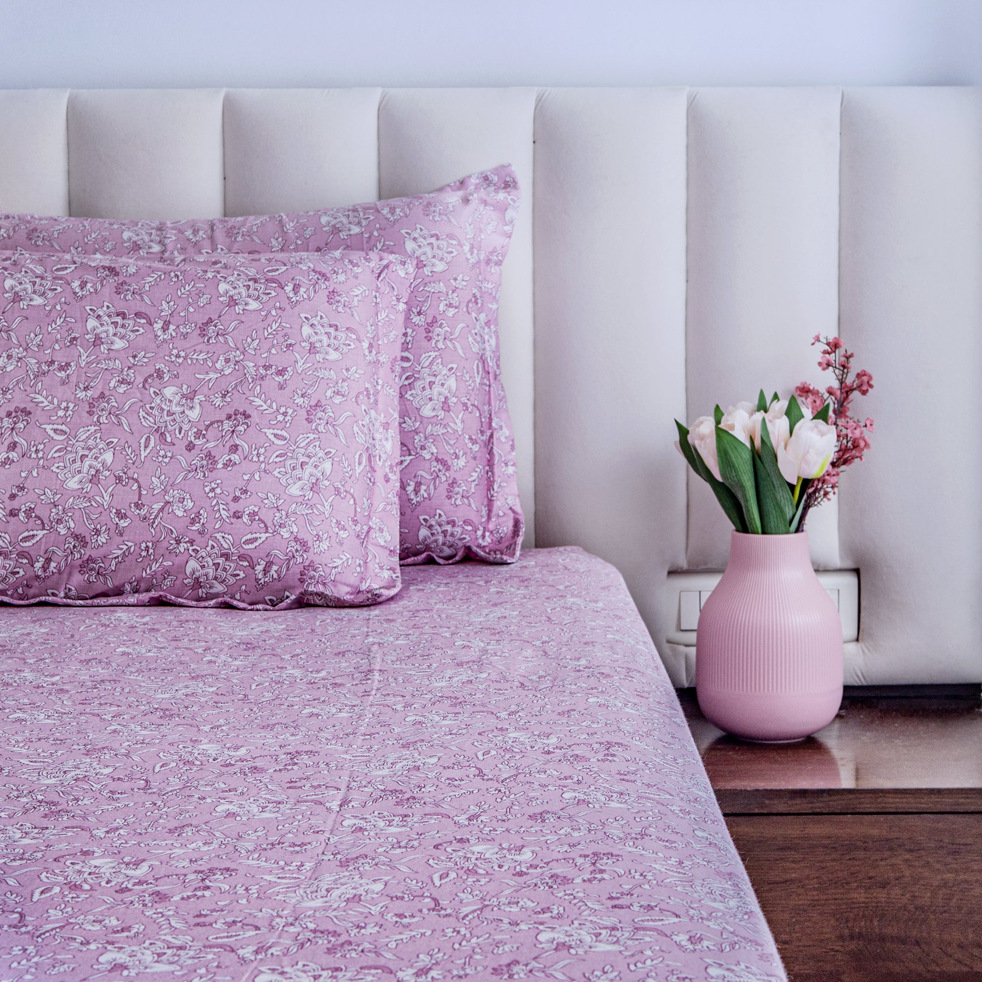 Pink Bloom-  Super King Size Fitted Cotton Bedsheet with two matching pillow covers