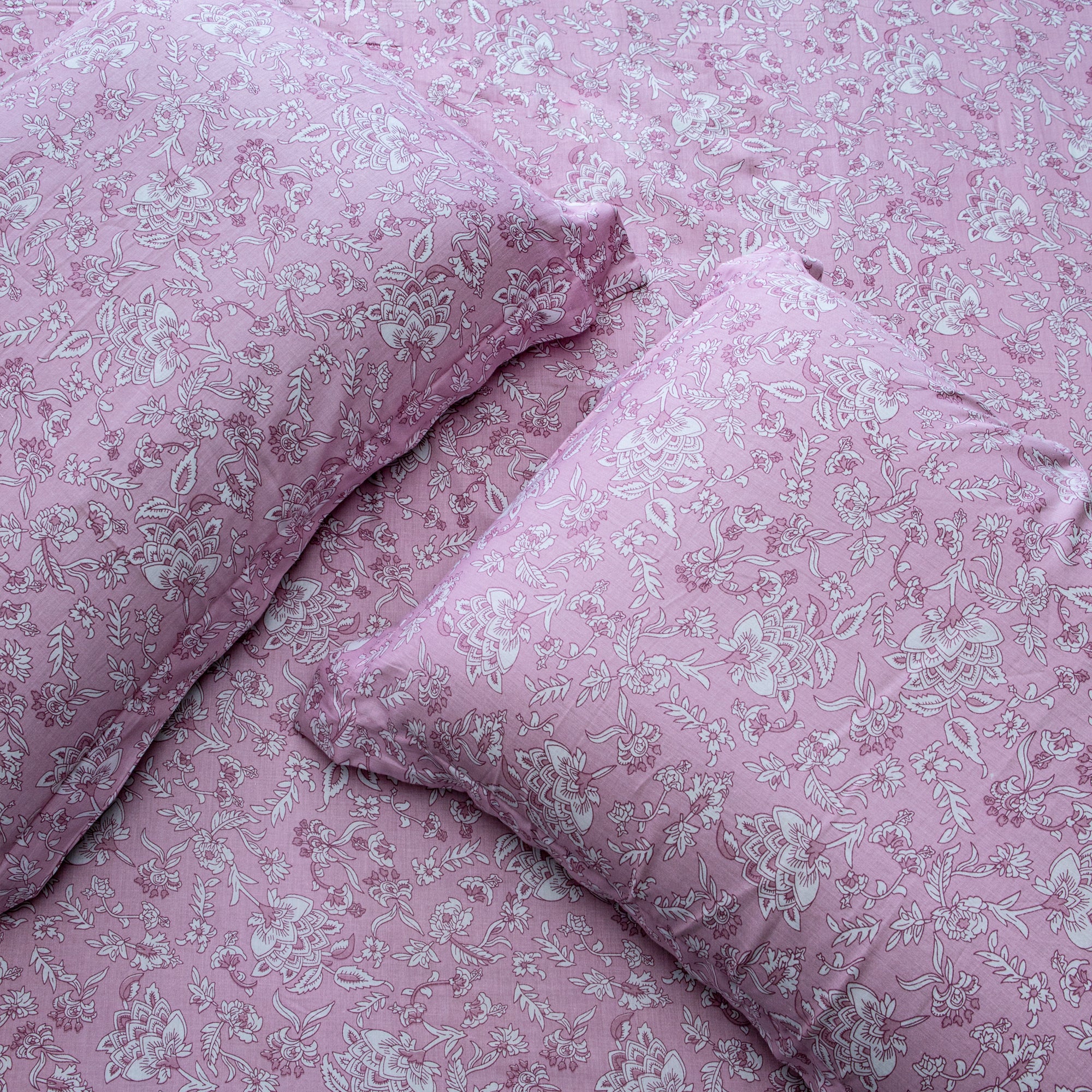 Pink Bloom-  Super King Size Fitted Cotton Bedsheet with two matching pillow covers