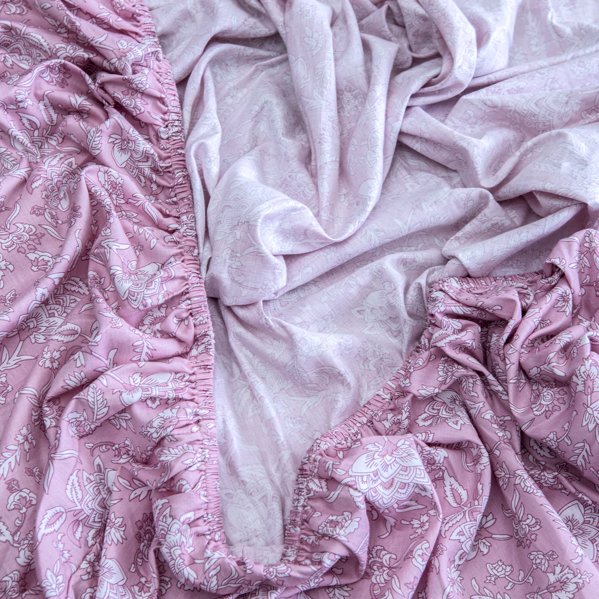 Pink Bloom-  Super King Size Fitted Cotton Bedsheet with two matching pillow covers