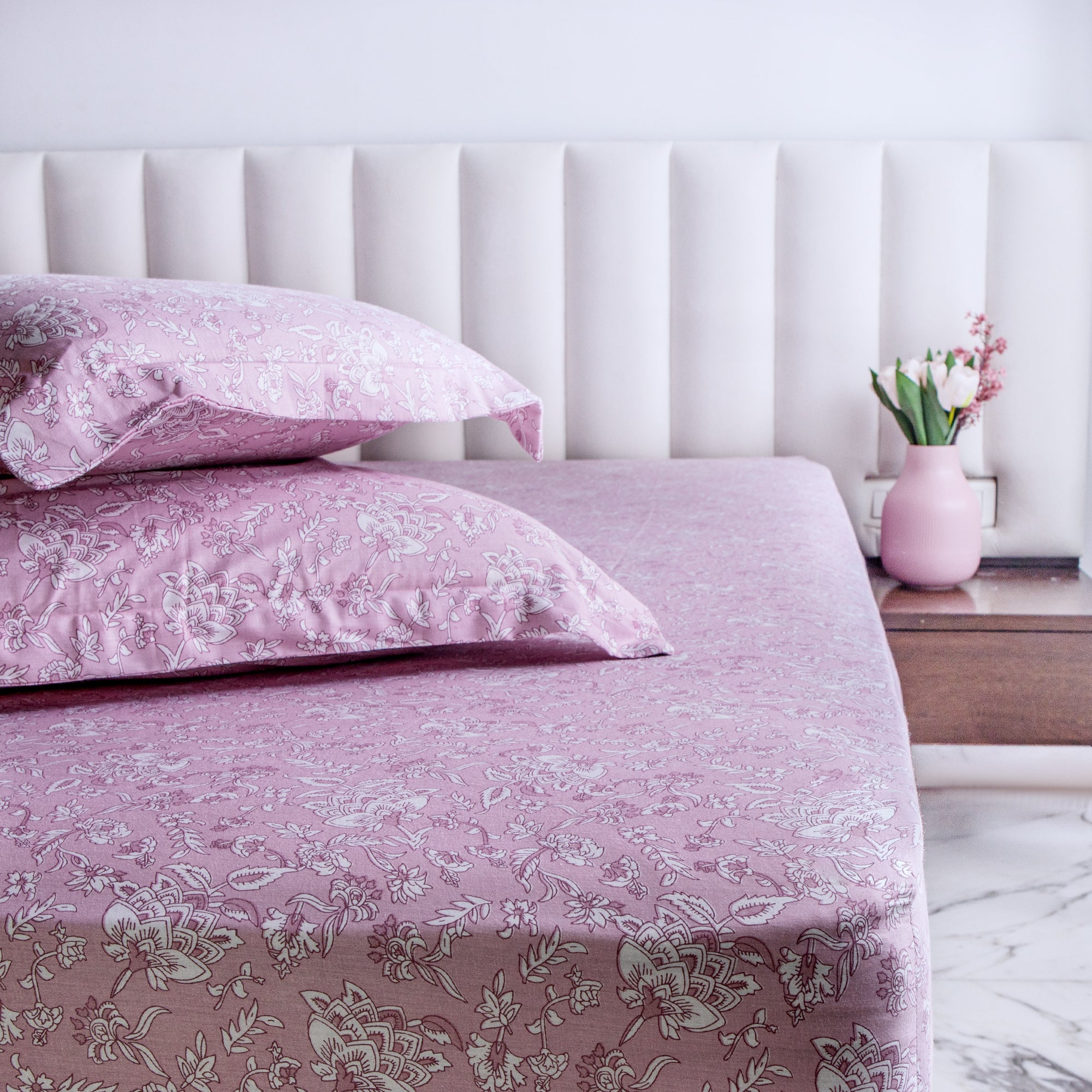 Pink Bloom-  Super King Size Fitted Cotton Bedsheet with two matching pillow covers