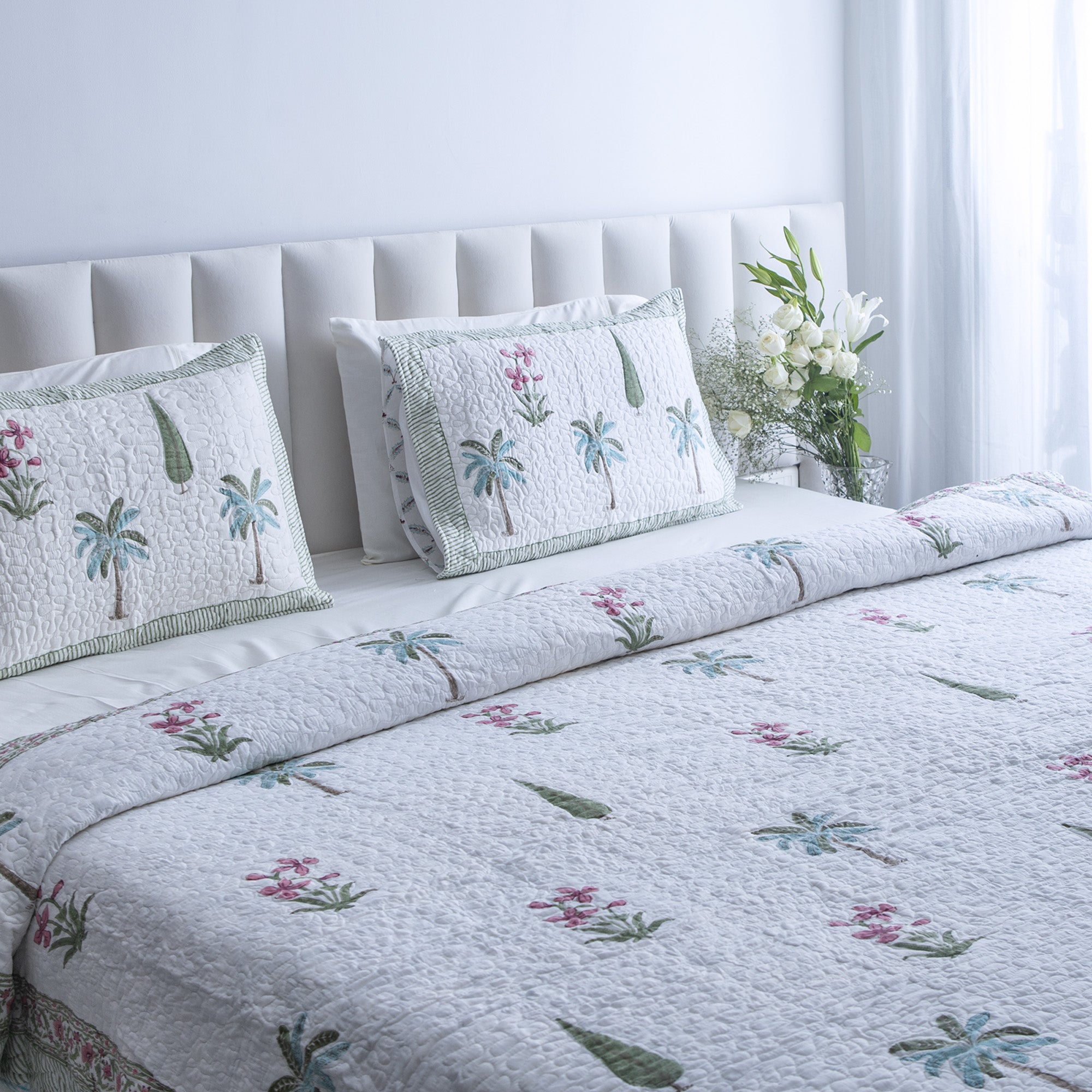 Green Palms - Pure Cotton Bedcover with two matching pillow covers