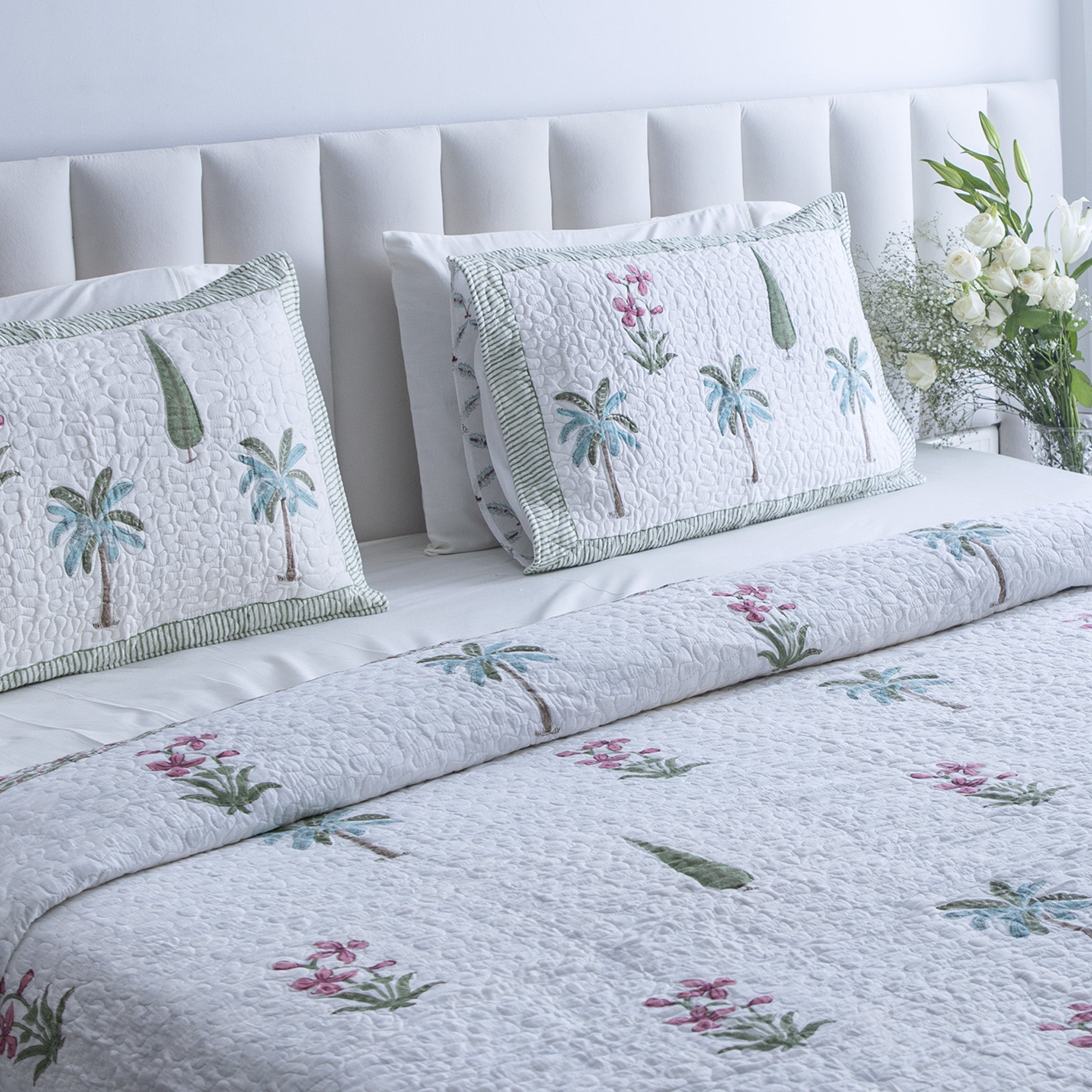 Green Palms - Pure Cotton Bedcover with two matching pillow covers