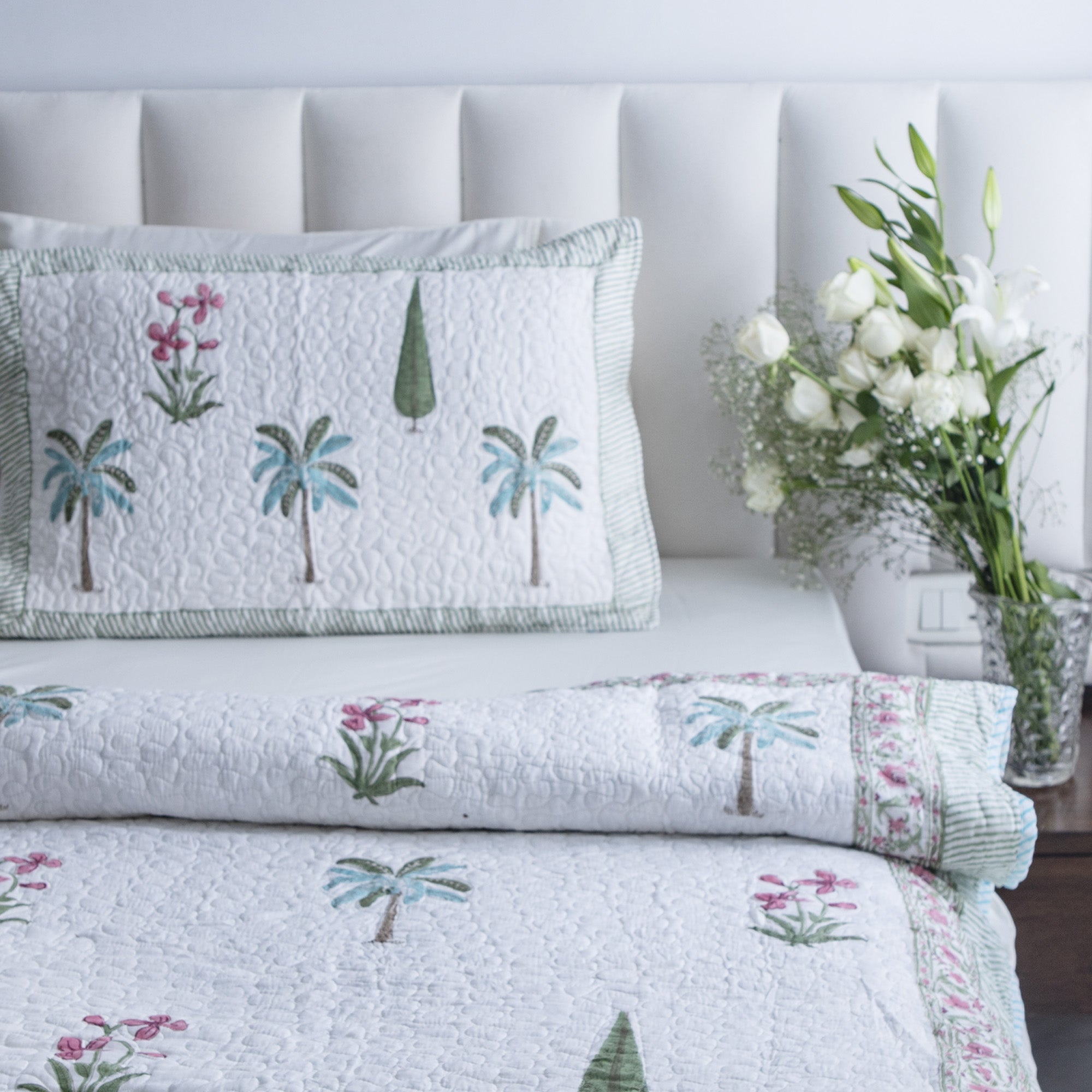 Green Palms - Pure Cotton Bedcover with two matching pillow covers