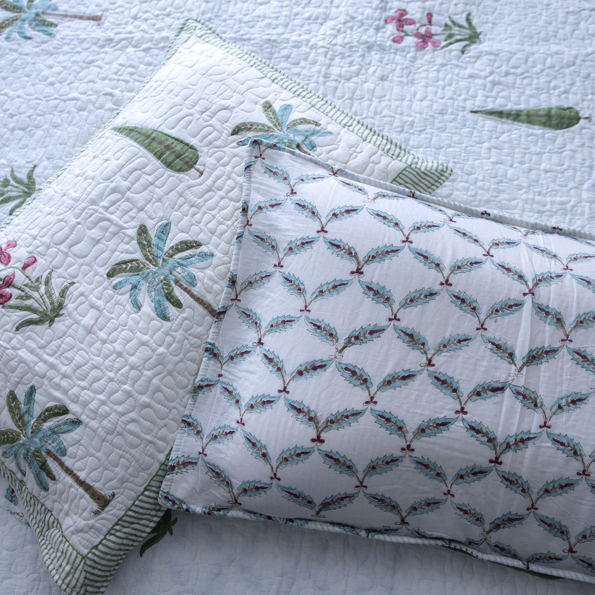 Green Palms - Pure Cotton Bedcover with two matching pillow covers