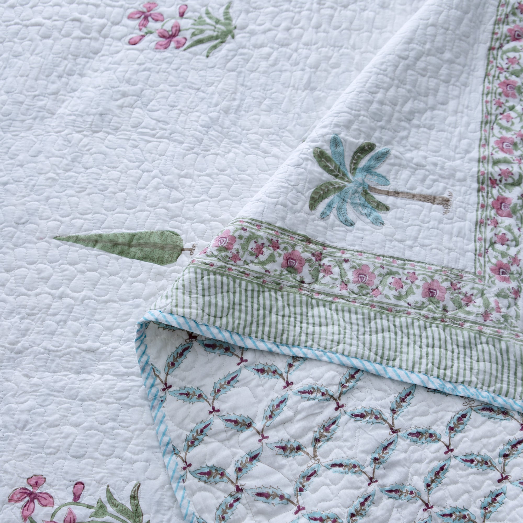 Green Palms - Pure Cotton Bedcover with two matching pillow covers