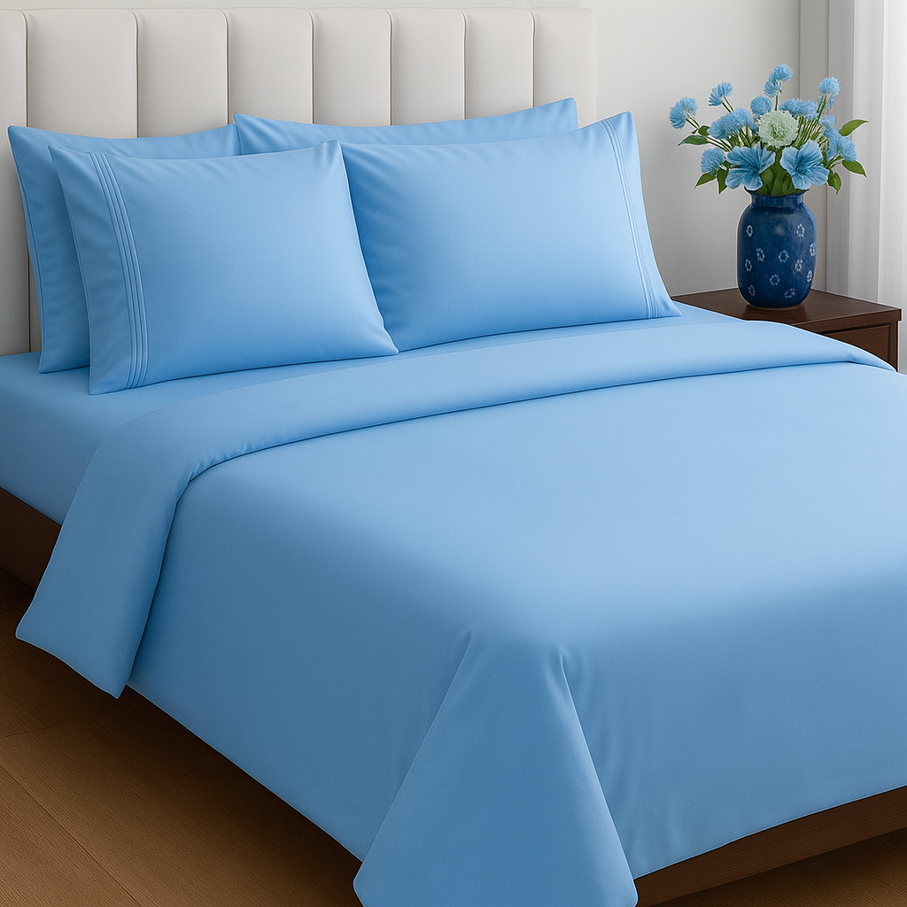 Sky Blue Bedsheet with 4 matching pillow covers - Super King Size bedsheet