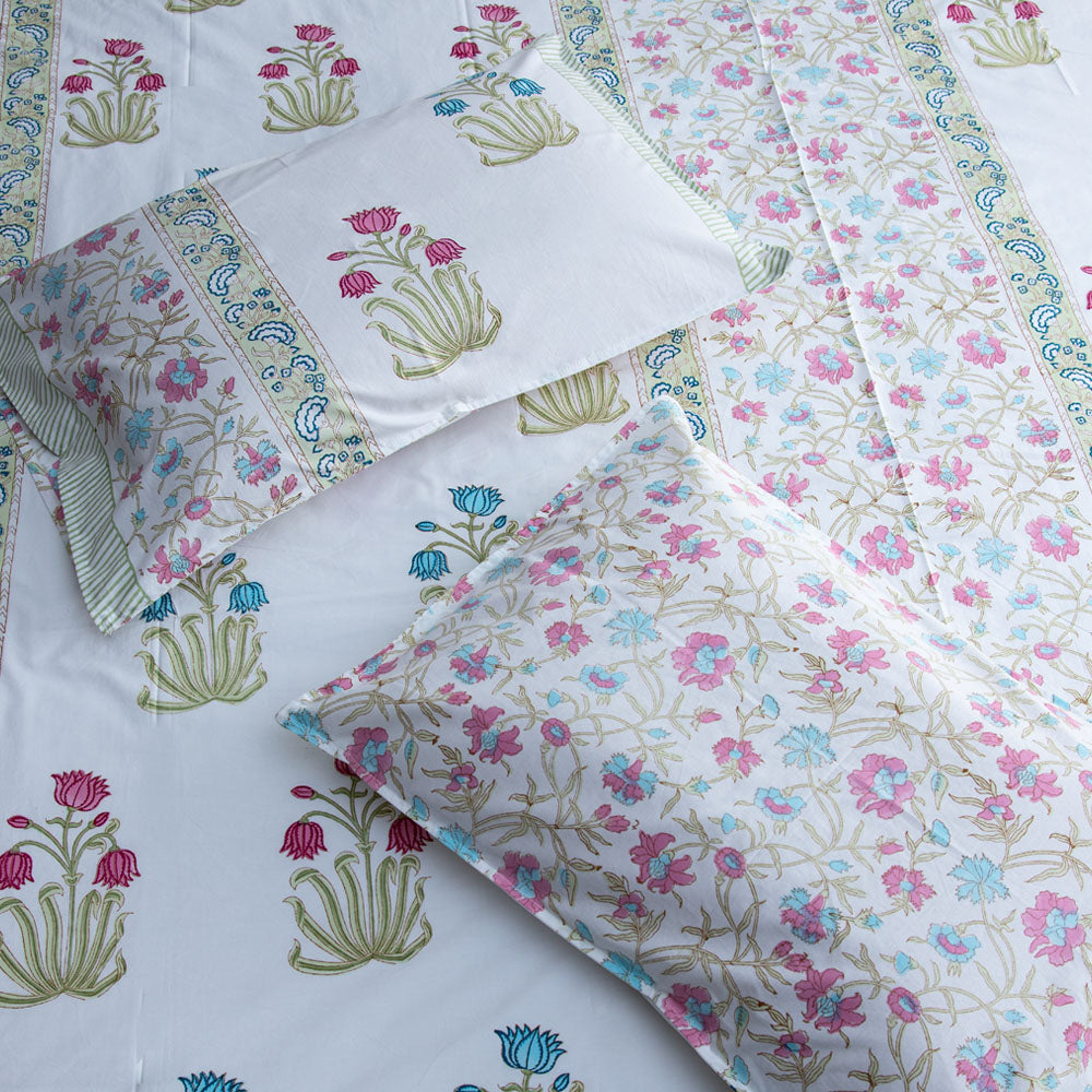 The Ephemeral Splendour - Super King Size Percal Cotton Block printed bedsheet with two matching pillow covers