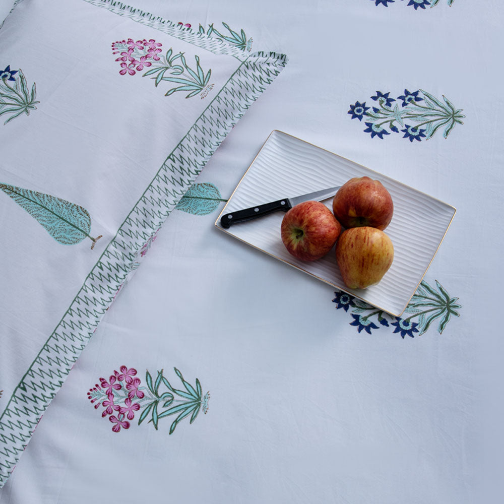 The Efflorescent Dream - Super King Size Percal Cotton Block printed bedsheet with two matching pillow covers