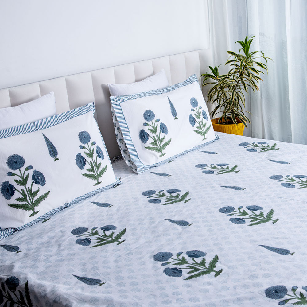 The Ethereal Royalty - Super King Size Percal Cotton Block printed bedsheet with two matching pillow covers