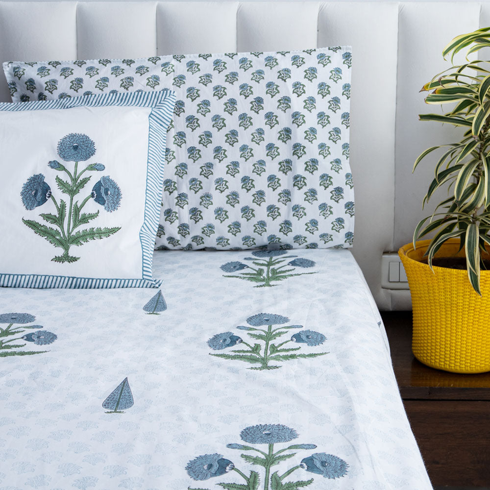 The Ethereal Royalty - Super King Size Percal Cotton Block printed bedsheet with two matching pillow covers