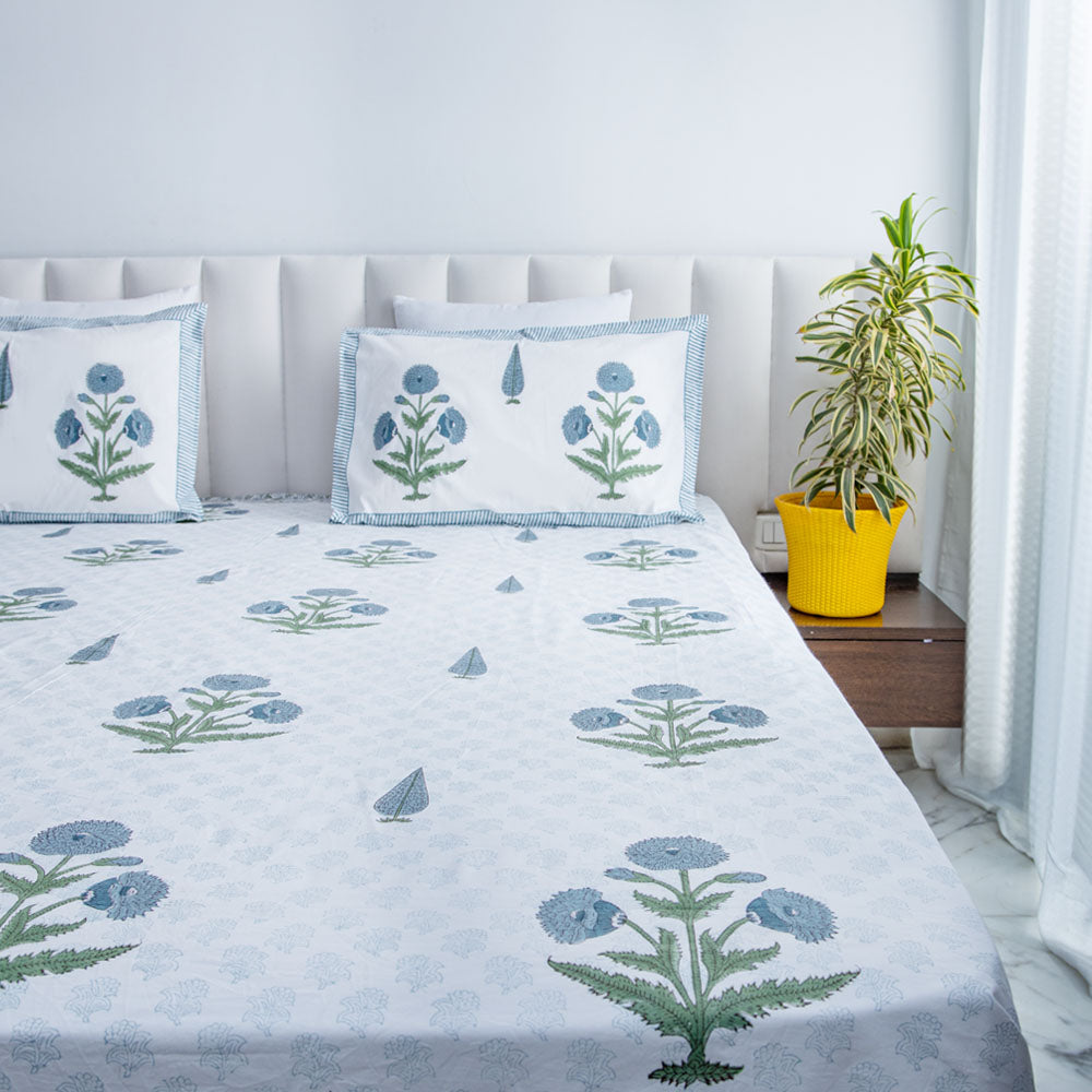 The Ethereal Royalty - Super King Size Percal Cotton Block printed bedsheet with two matching pillow covers