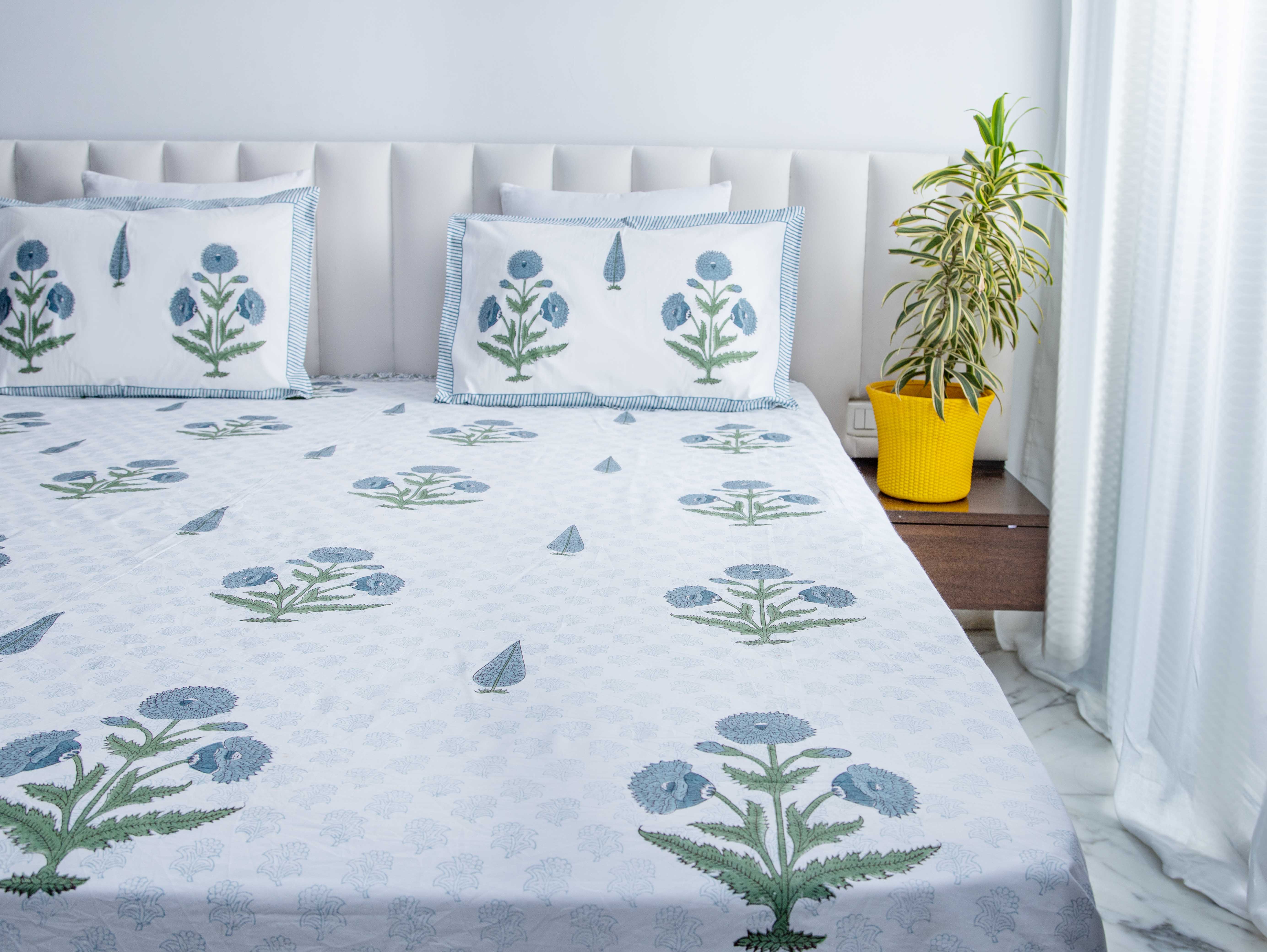 The Ethereal Royalty - Super King Size Percal Cotton Block printed bedsheet with two matching pillow covers