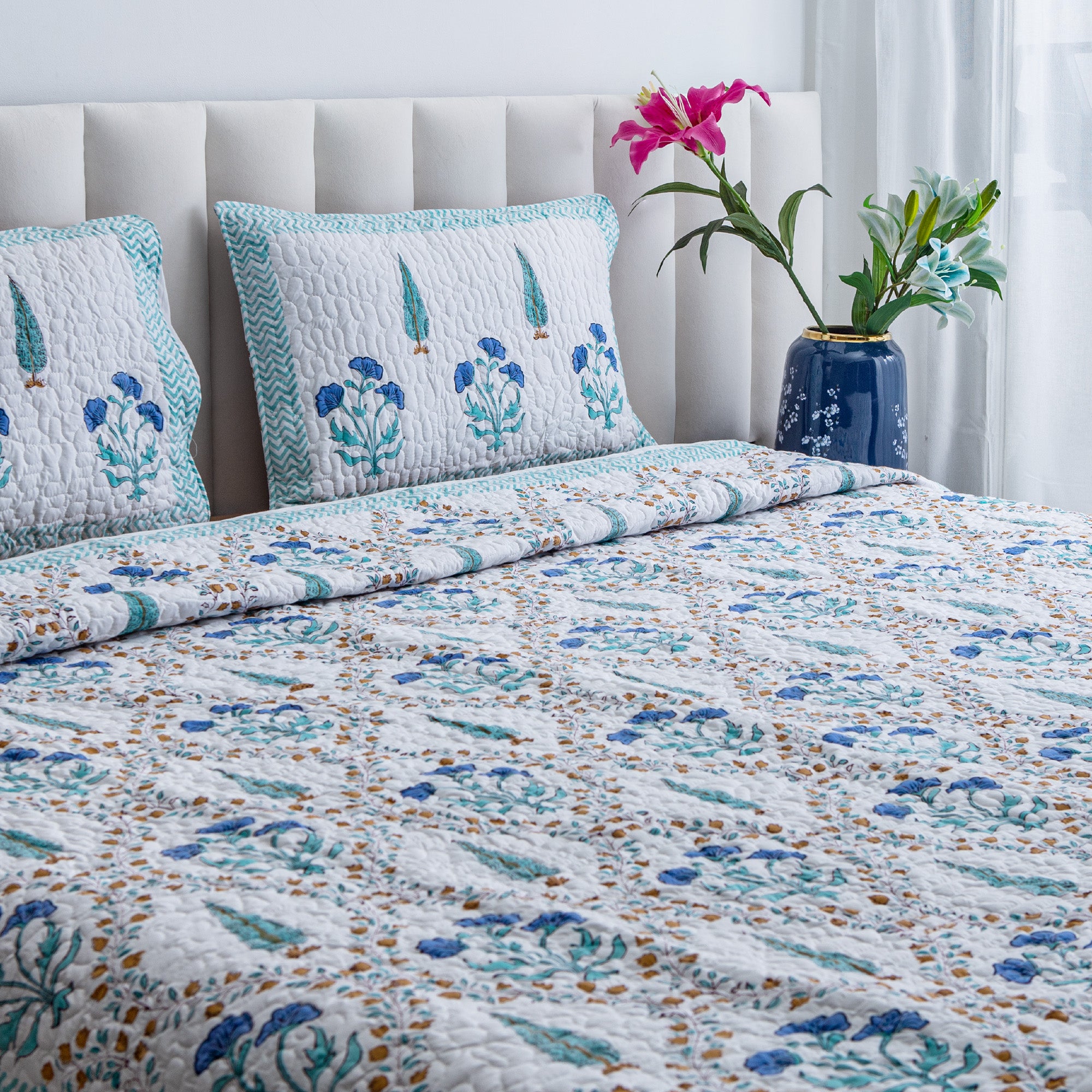 Blue Paradise - Pure Cotton Bedcover with two matching pillow covers