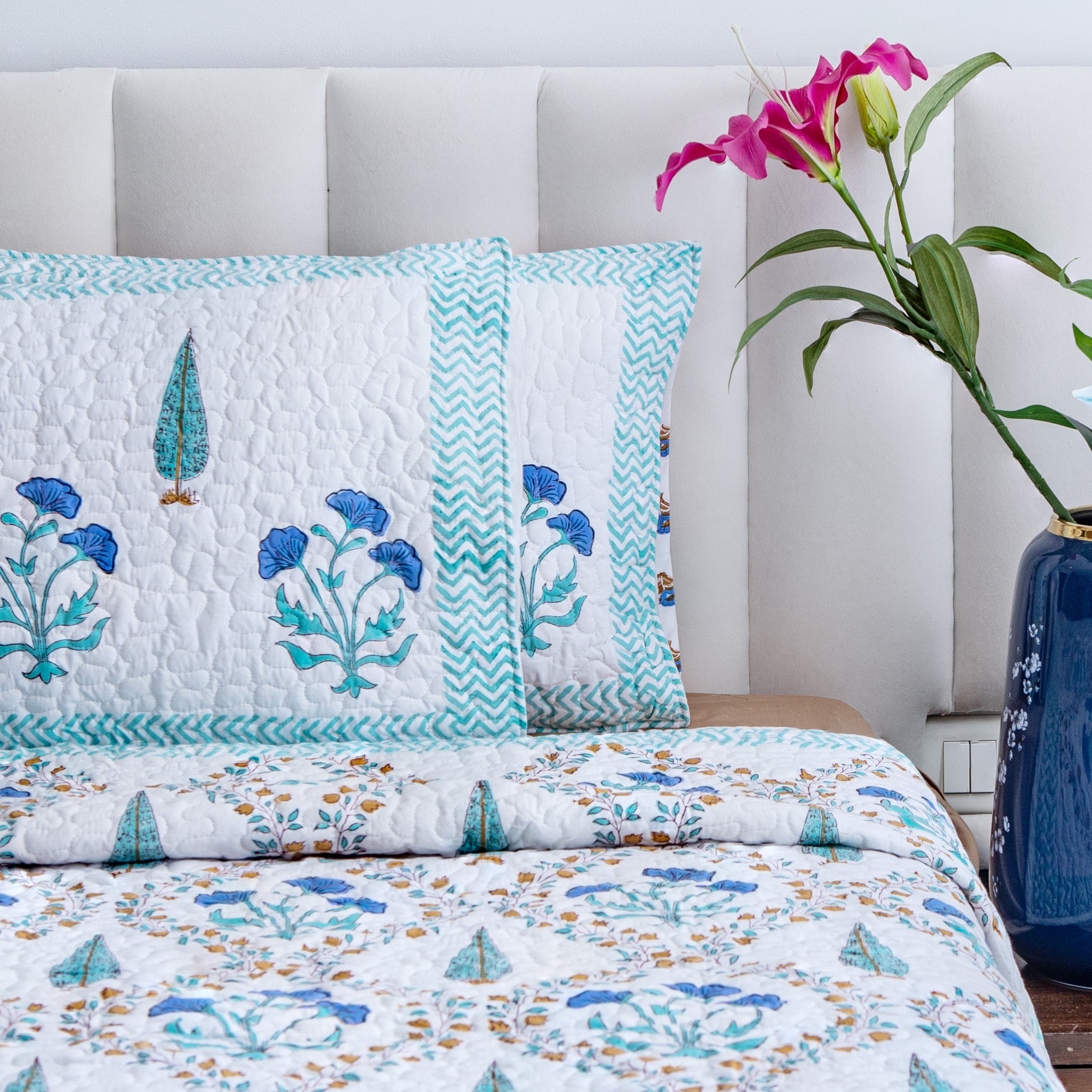Blue Paradise - Pure Cotton Bedcover with two matching pillow covers