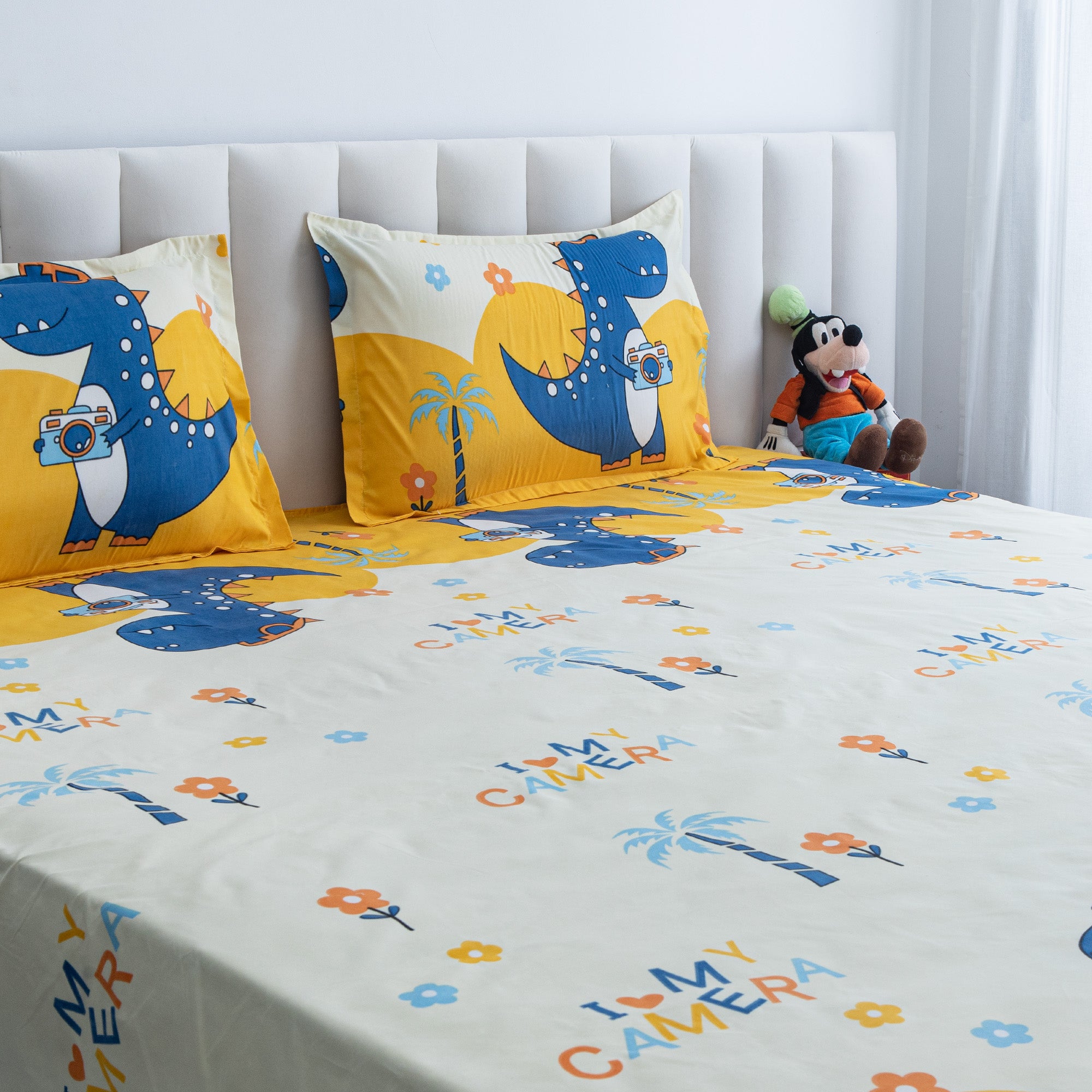 Happy Dino - Queen size Bedsheet with two matching pillow covers