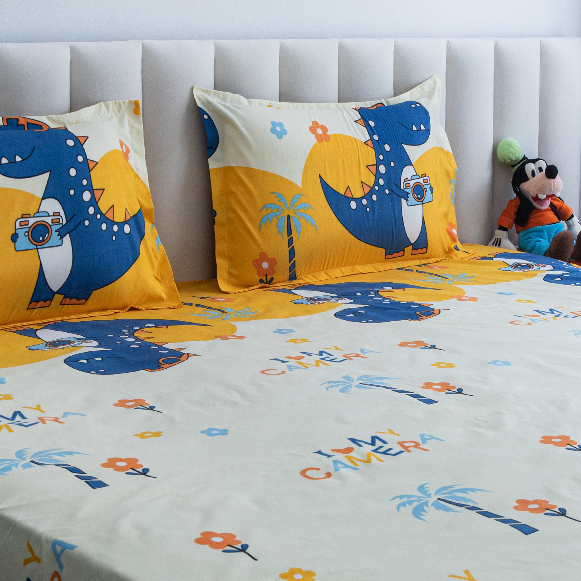 Happy Dino - Queen size Bedsheet with two matching pillow covers