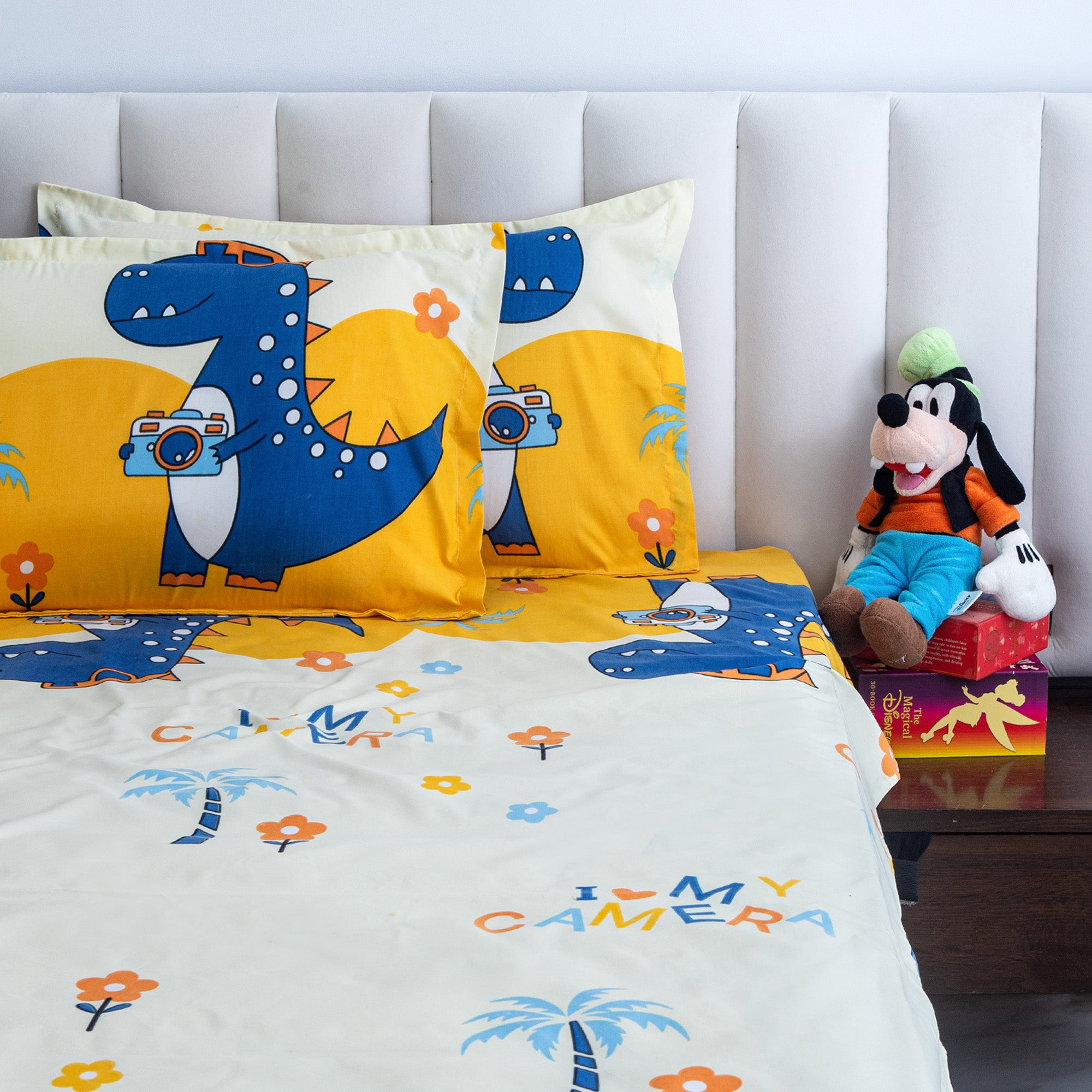 Happy Dino - Queen size Bedsheet with two matching pillow covers