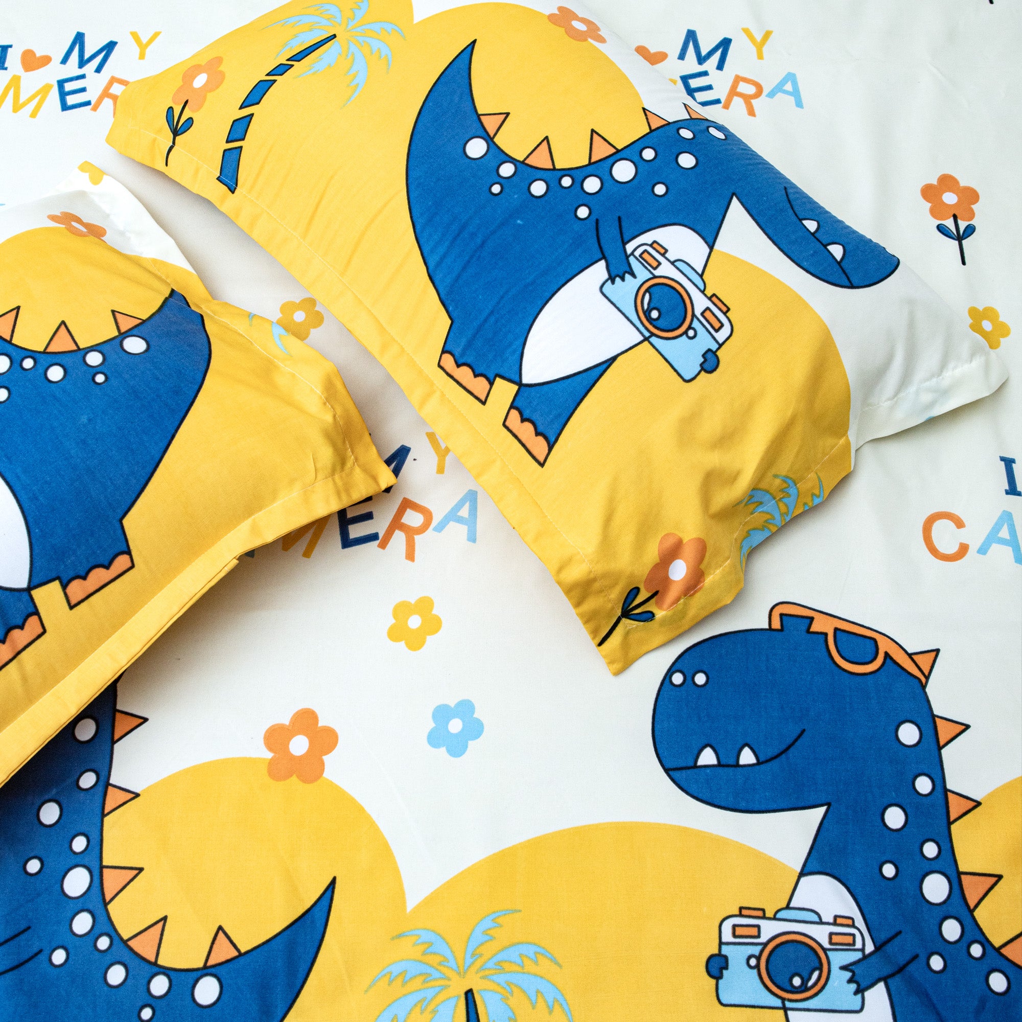 Happy Dino - Queen size Bedsheet with two matching pillow covers