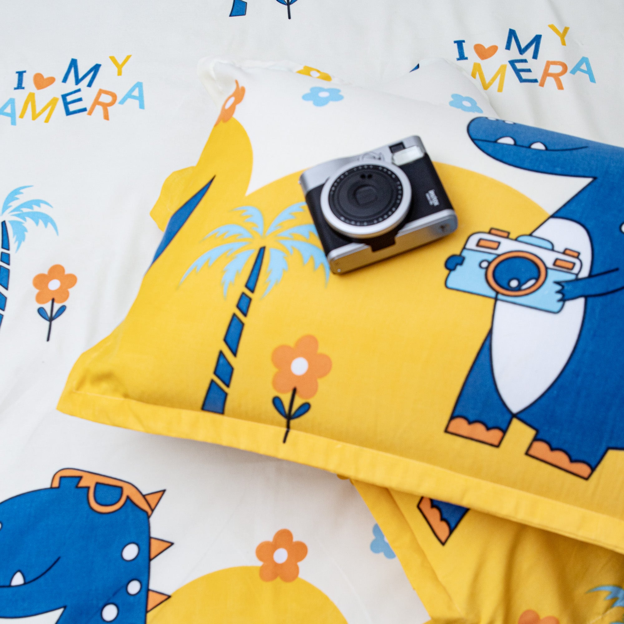 Happy Dino - Queen size Bedsheet with two matching pillow covers
