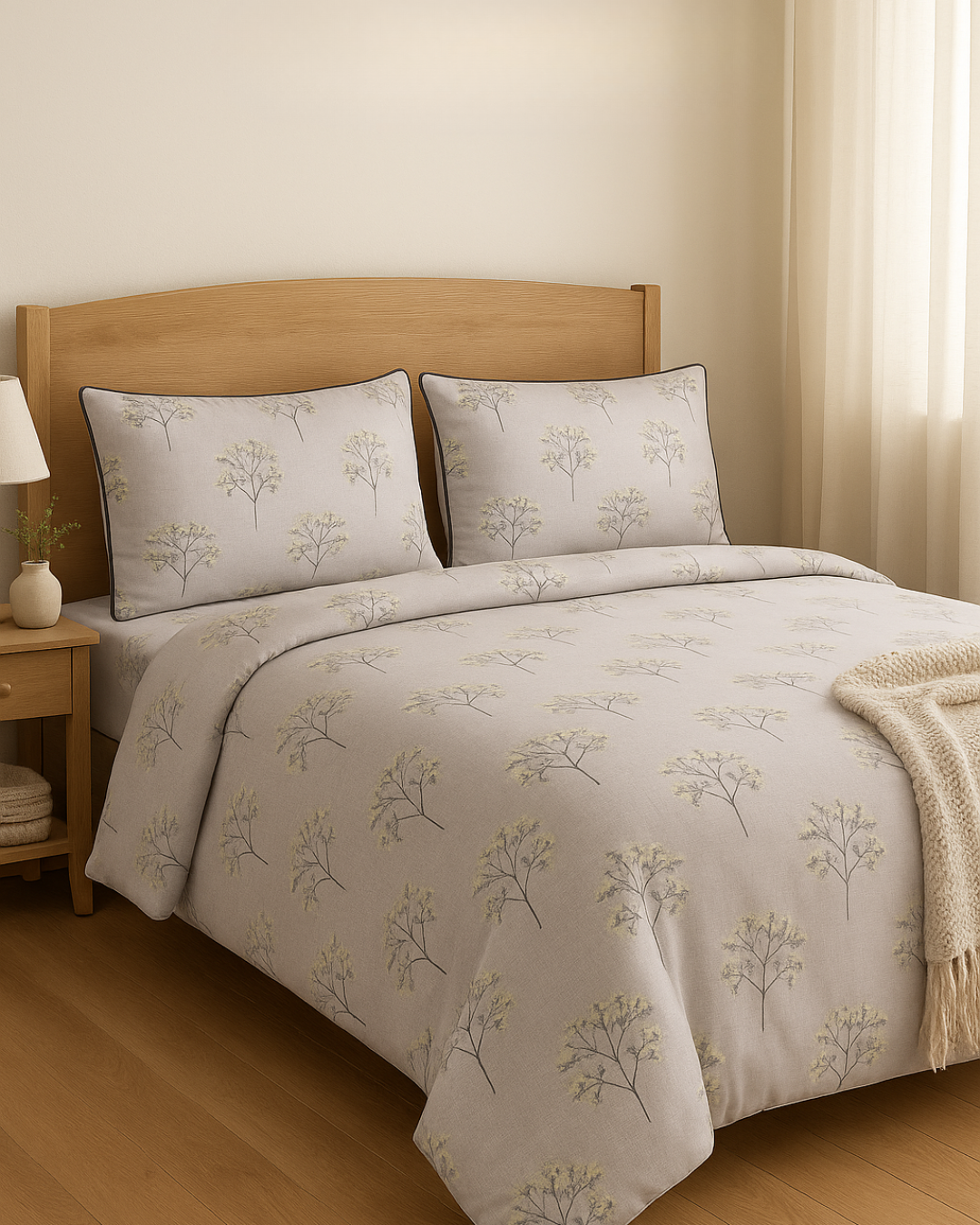 Dandelions Dance Grey - Cotton Bedsheet Set with Two Pillow Covers