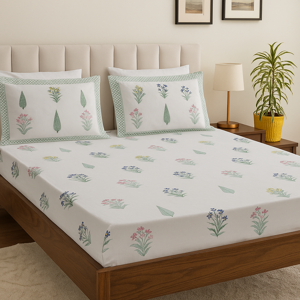 The Efflorescent Dream - Super King Size Percal Cotton Block printed bedsheet with two matching pillow covers