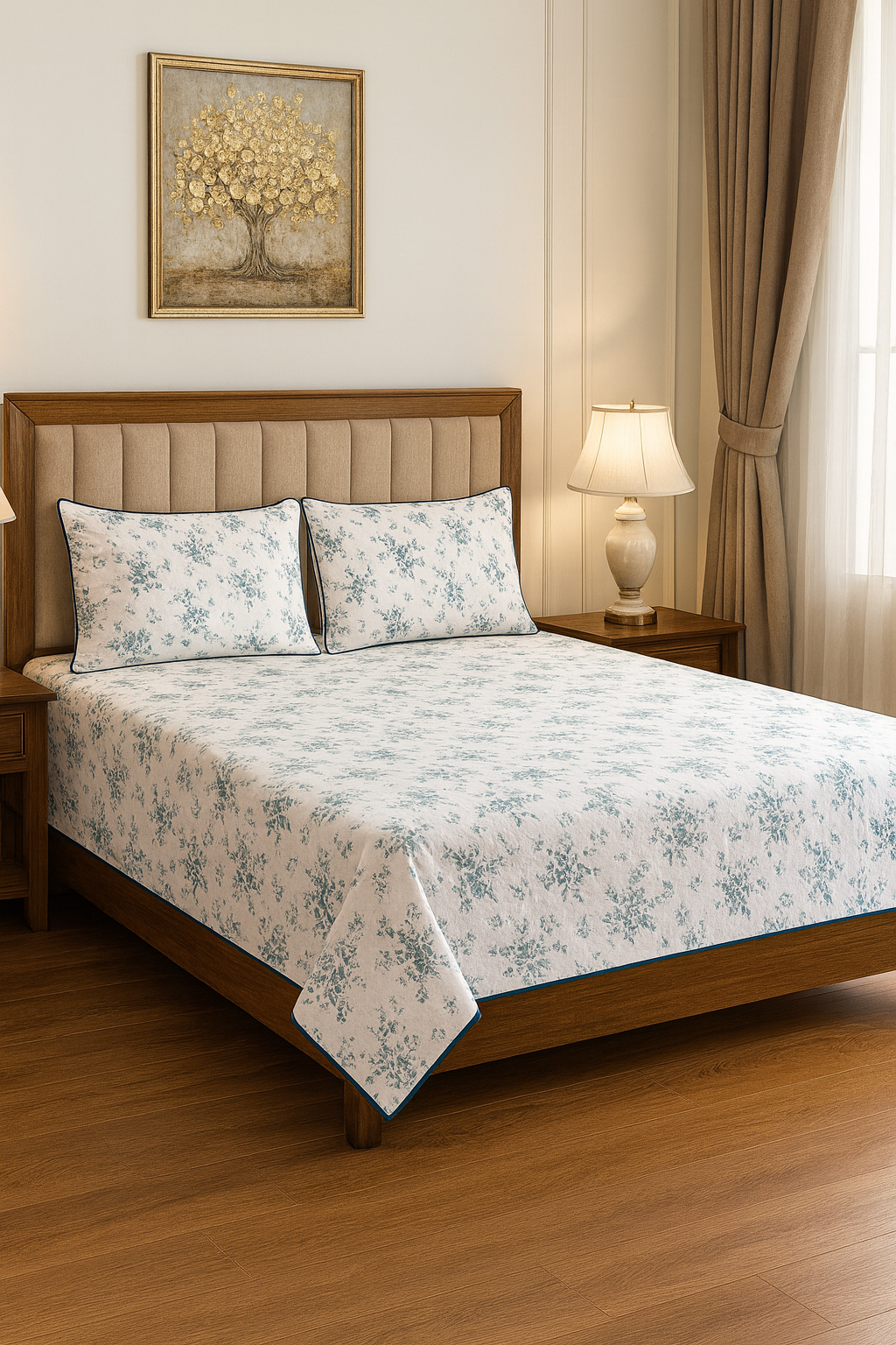Floral Blues - Cotton Bedsheet Set with Two Pillow Covers