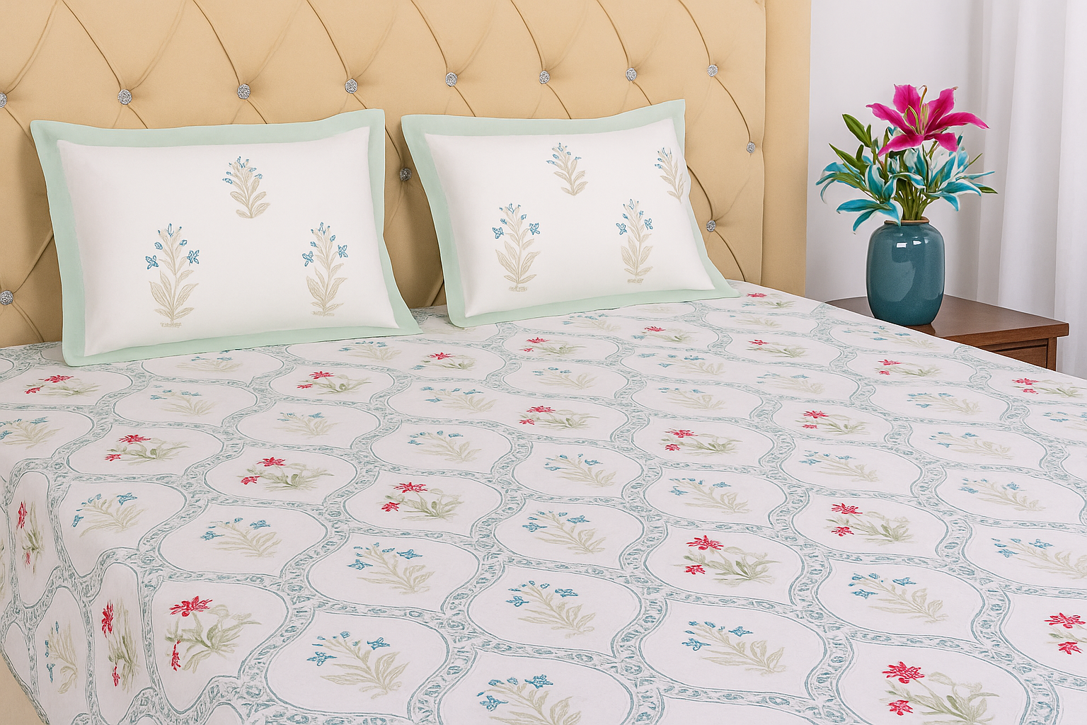 The Serene Dreams - Super King size Percal Cotton Block Printed Bedsheet with two matching pillow covers