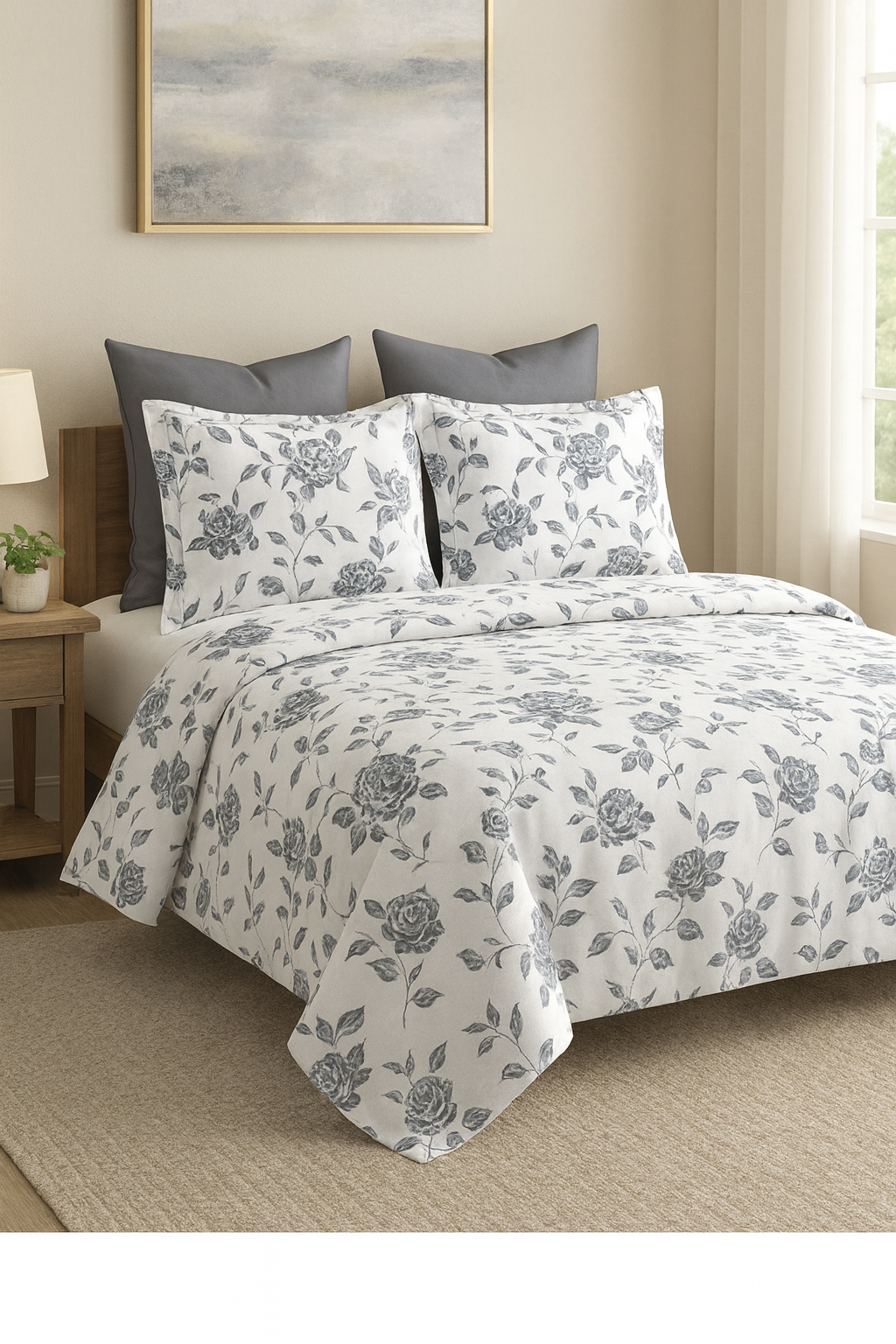 Grey Flowers - 600 TC Cotton Bedsheet Set with Two Pillow Covers