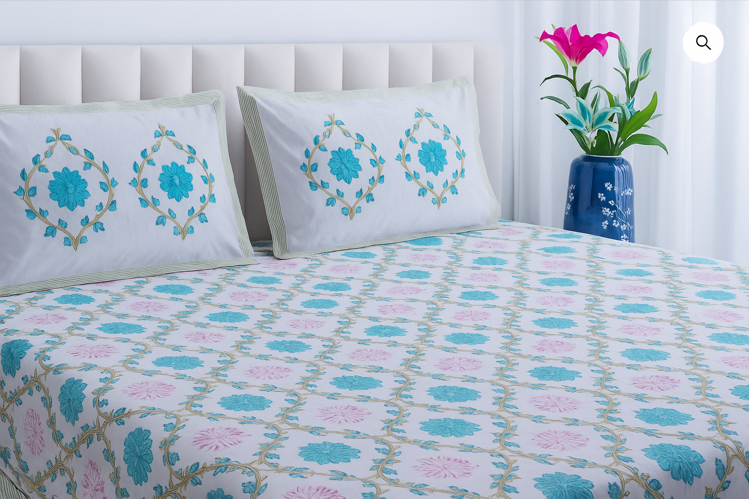 The Pink Dandelion  - Super King Size Percal Cotton Block printed bedsheet with two matching pillow covers