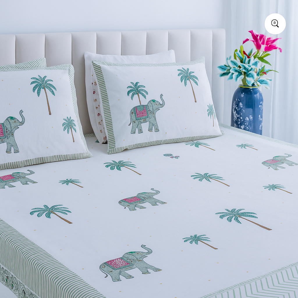 The Desert Palms - Super King Size Percal Cotton Block printed bedsheet with two matching pillow covers