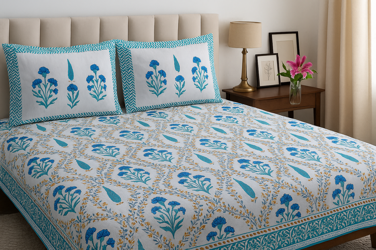 The Aqua Paradise- Percal Cotton Block printed bedsheet with two matching pillow covers