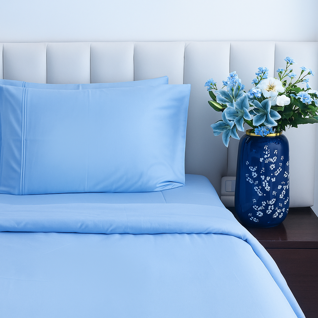 Sky Blue Bedsheet with 4 matching pillow covers - Super King Size bedsheet
